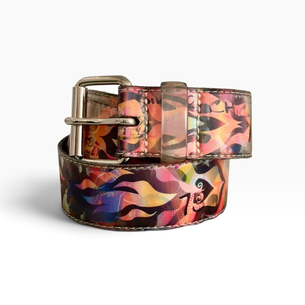 Y2K Holographic Flame Print Belt Graphic Tattoo Grunge Silver Buckle Emo Punk L